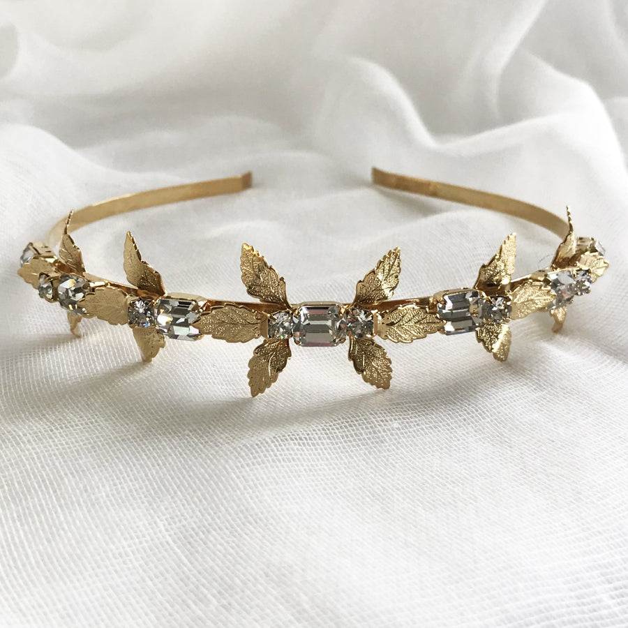 Gold and crystal headband with leaves