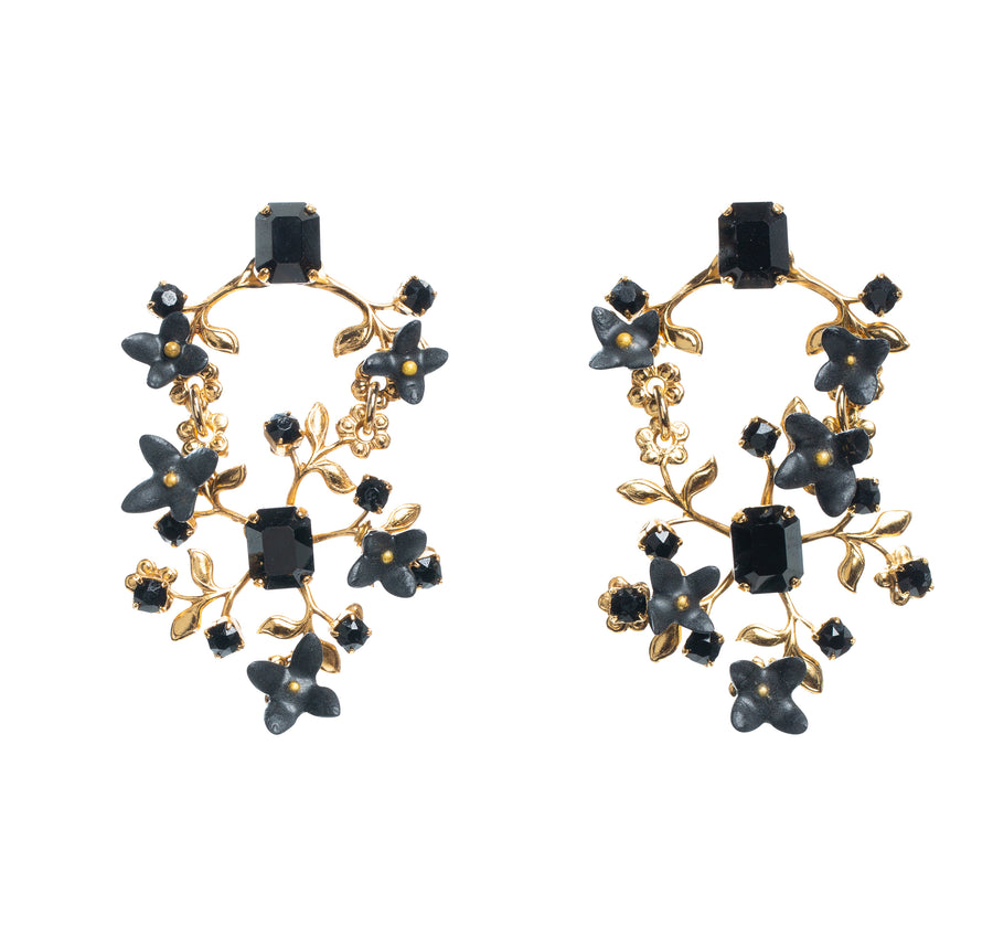 Black and gold statement earrings with flowers - made in Australia