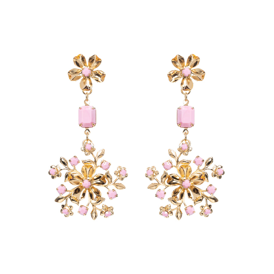 Pink and gold flower drop earrings