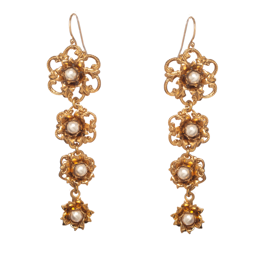 Drop pearl and gold flower bridal earrings