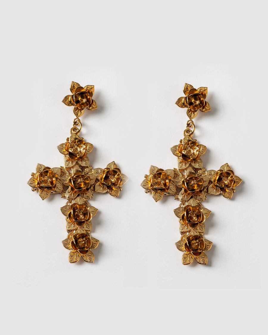 Nikki Witt statement gold cross earrings