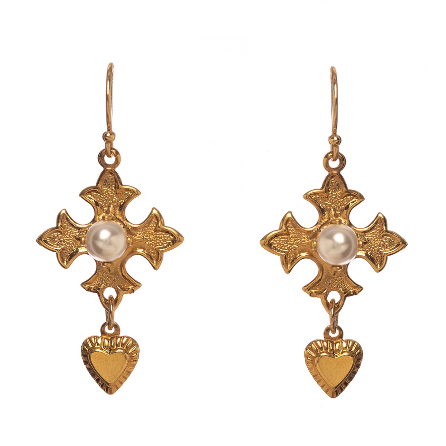 Fleur de lis cross earrings with pearls