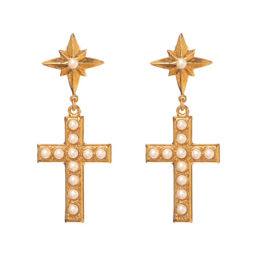 Gold and pearl dangling cross earrings