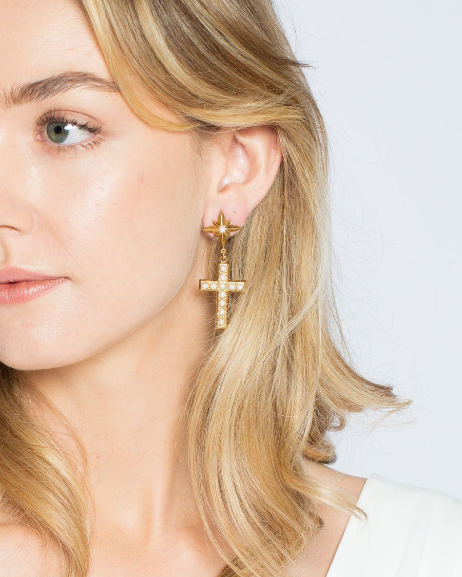 Gold dangling cross earrings with pearls