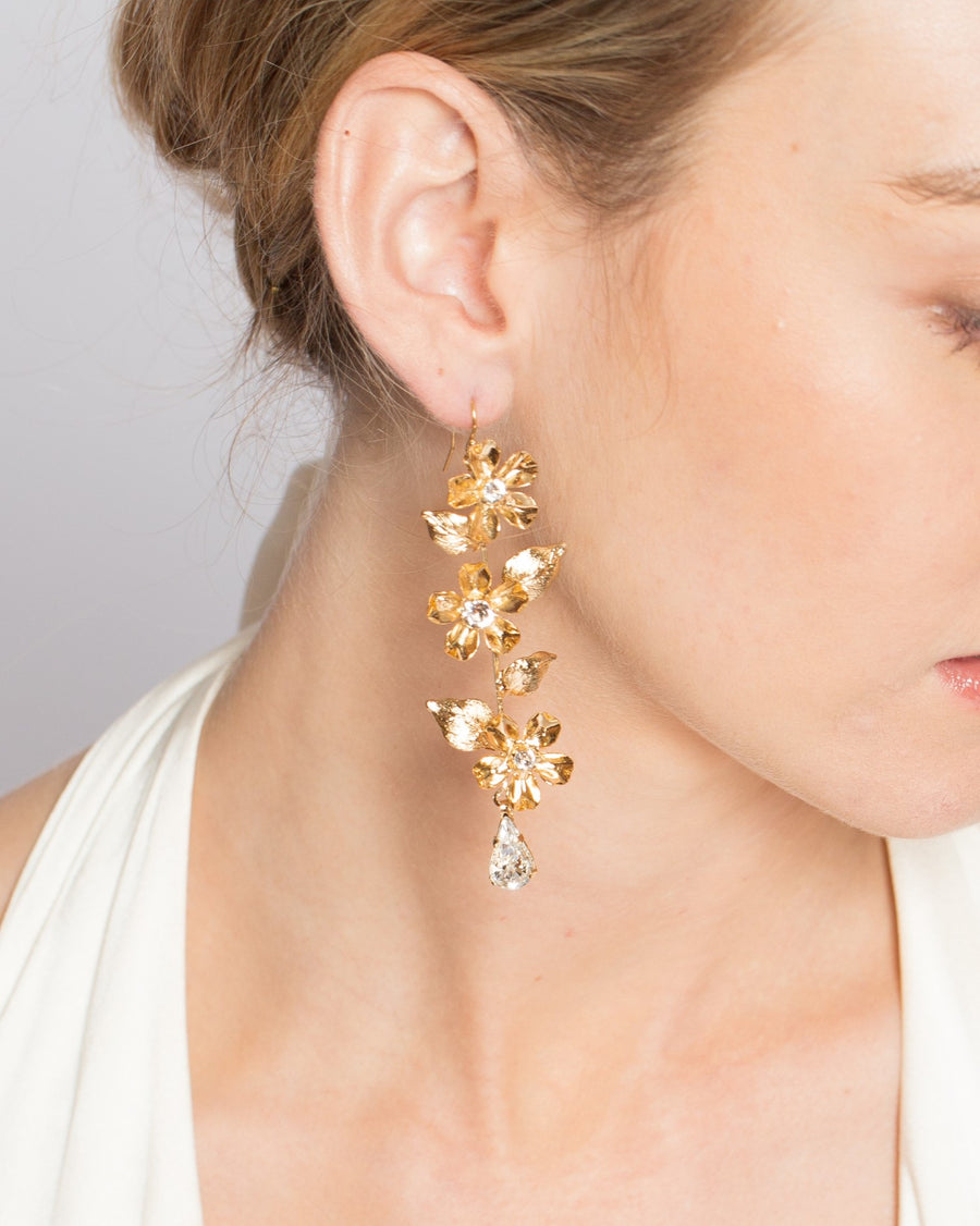 Gold flower wedding earrings with crystals
