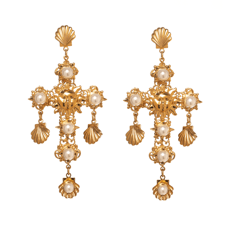 Gold and pearl cross earrings with shells