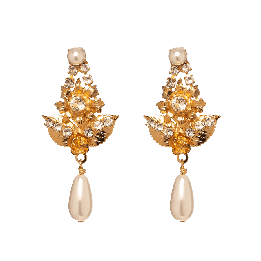 Gold pearl and crystal chandelier earrings