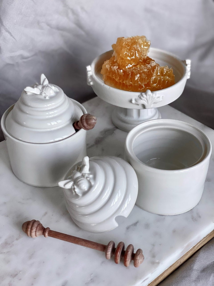Ceramic honey pot with wooden dipper