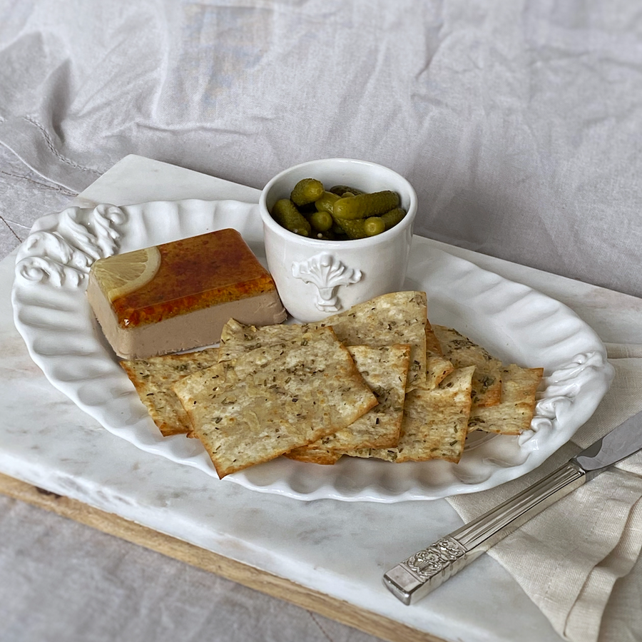 large white ceramic platter with pate